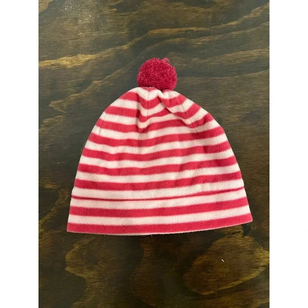Gap kids pink striped fleece Pom Pom beanie l/xl